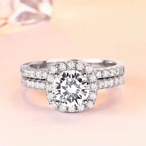 Classic Silver Diamond Halo Ring Set - Picture 2 of 5